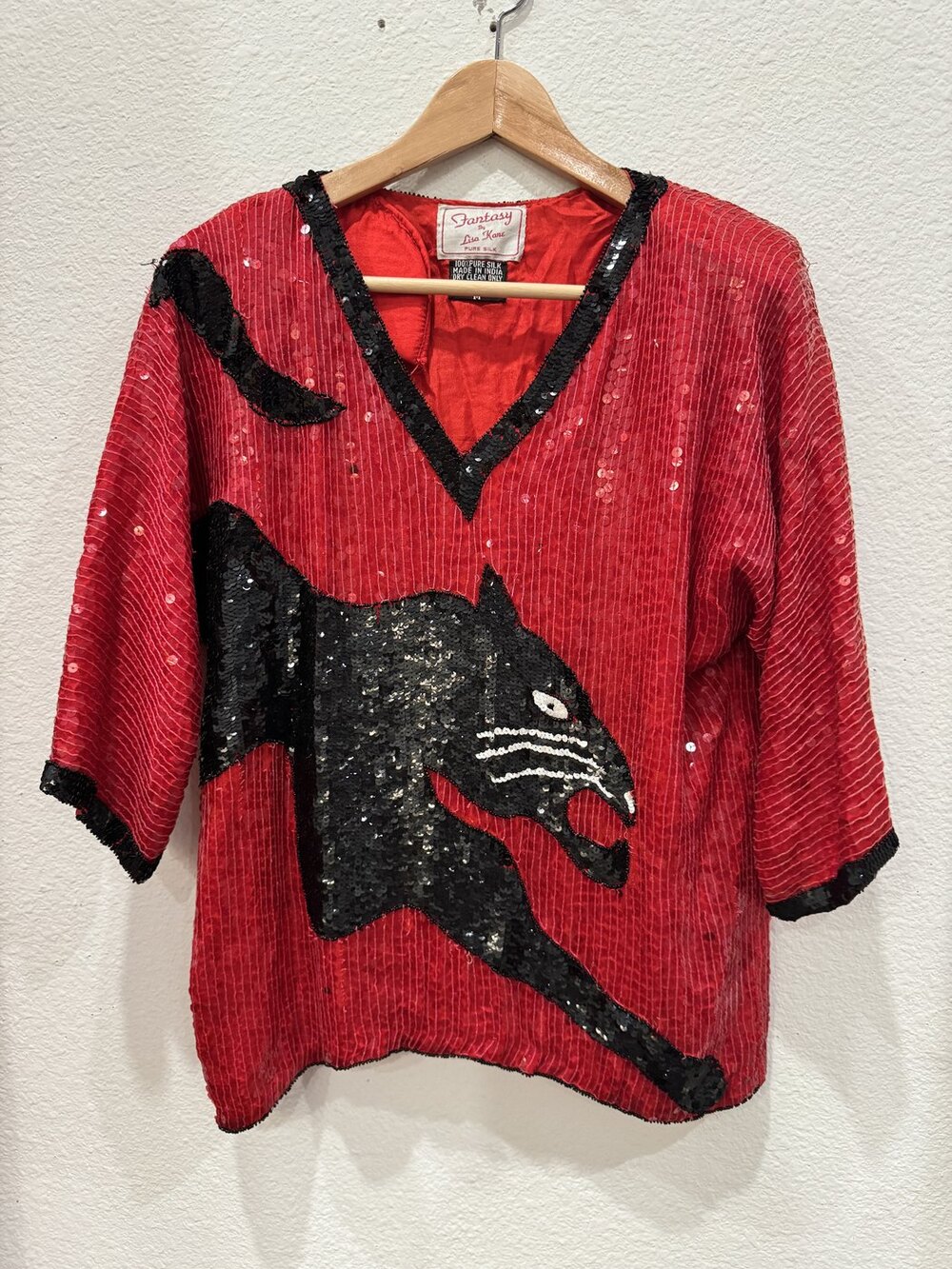 Vintage 80s Fantasy by Lisa Kane Red Silk Sequin Panther Evening Sweater M